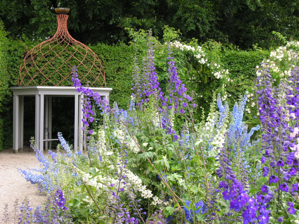 Parkgarten: im Vordergrund blühender Rittersporn, im Hintergrund ein Pavillion mit gitterartigesm Cottanstahldach vor einer hohen Buchehecke